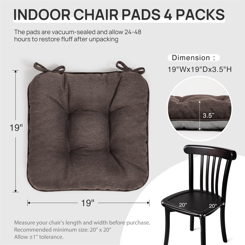 Set of 4 Memory Foam Chair Cushions 19"x19"x3.5" Indoor/Outdoor, Black, 19" W x 19" D, Black