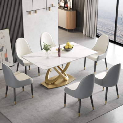 Zagan 7-Piece Modern Dining Room Sets, Sintered Stone Tabletop Kitchen Dining Table Set with 6 PU Upholstered Chairs
