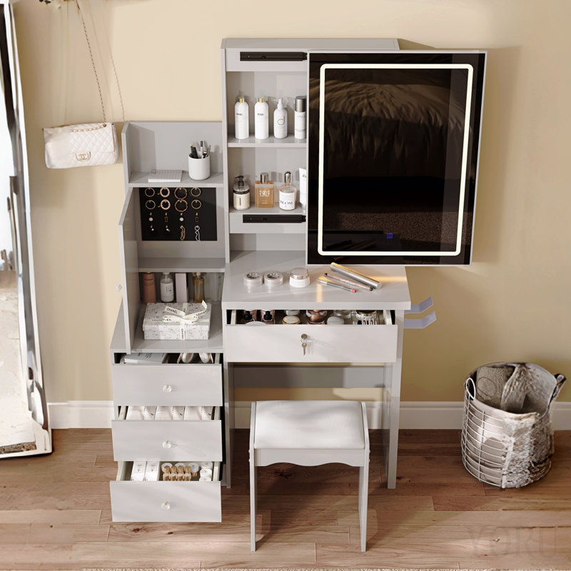 Ensemble de coiffeuse avec miroir éclairé coulissant, coiffeuse à maquillage avec 4 tiroirs et 9 espaces de rangement, compartiments cachés et tabouret rembourré, mobilier de beauté blanc pour la chambre à coucher