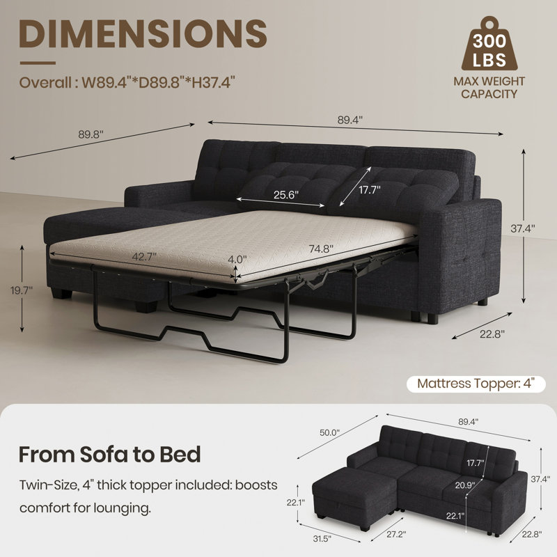 L-Shaped Sleeper Sectional Sofa With Hidden Storage, Black Chenille