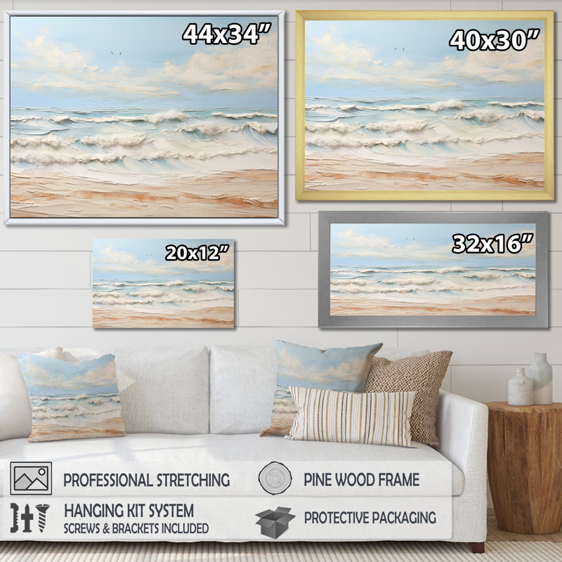 «Modern Coastal Beige and Blue Beach» - art mural océan côtier, Cadre noir, H 12 po x l 20 po x P 1 po