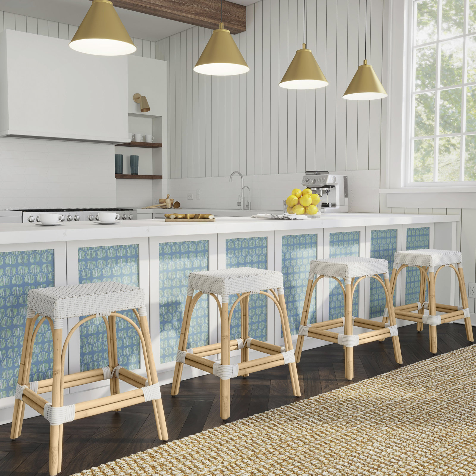 Lennart Bar and Counter Stool, Glossy White/ Natural Rattan Frame, Counter Stool (24.5" Seat Height)