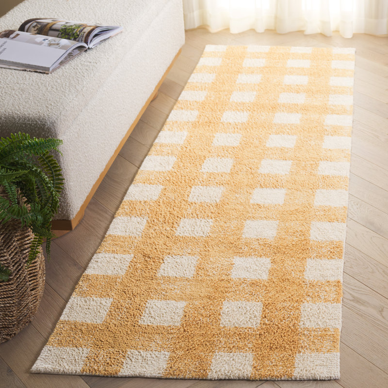 Tapis jaune / blanc en coton tissé à plat à la main Briaroaks, Tapis de couloir 2 pi 3 po x 8 pi