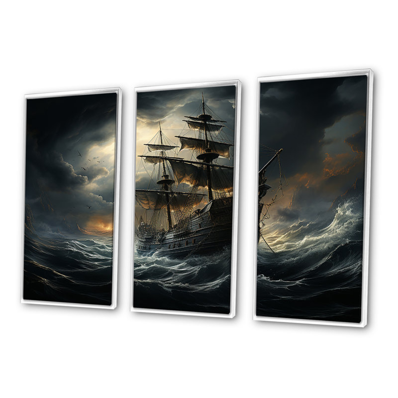 «Pirate Ship At Stormy Seas», ensemble d'art sur toile, H 28 po x l 36 po x P 1 po, Cadre flottant blanc