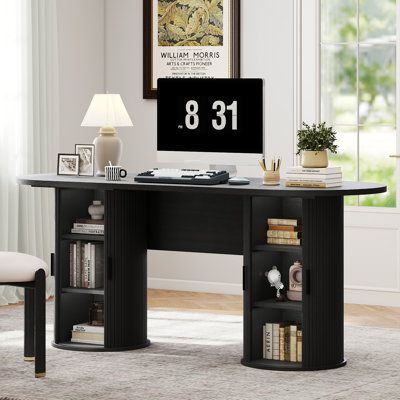 Bureau de direction ovale moderne en bois de 70 pouces avec armoire de rangement et 2 portes coulissantes.