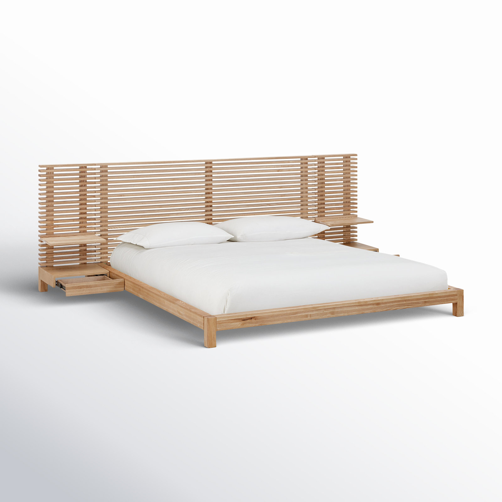 Finnian Solid Wood Panel Storage Bed, Full / Double, Light Oak