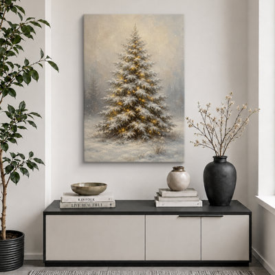 Snowy Christmas Tree Lights Artwork, Living Room Pictures, Framed Canvas Giclee Print Wall Art