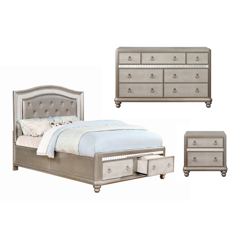 Ensemble de chambre avec grand lit 3 pièces avec rangement Willa Metallic Platinum