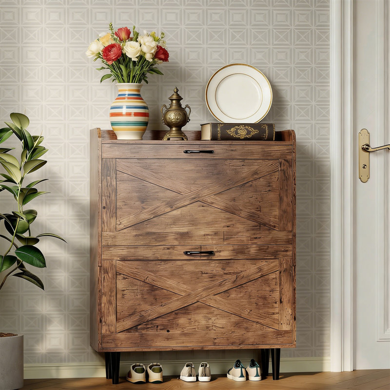 Shoe Storage Cabinet For Entryway With 2 Flip Drawers, Ultra Slim Freestanding Organizer, Wood Tapered Legs, Rustic Brown, 31.6X9.4X39.4 Inch