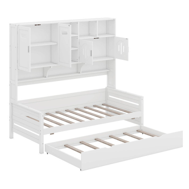 Platform Bed With Twin Size Trundle, All-In-One Cabinet And Shelf, Twin, White