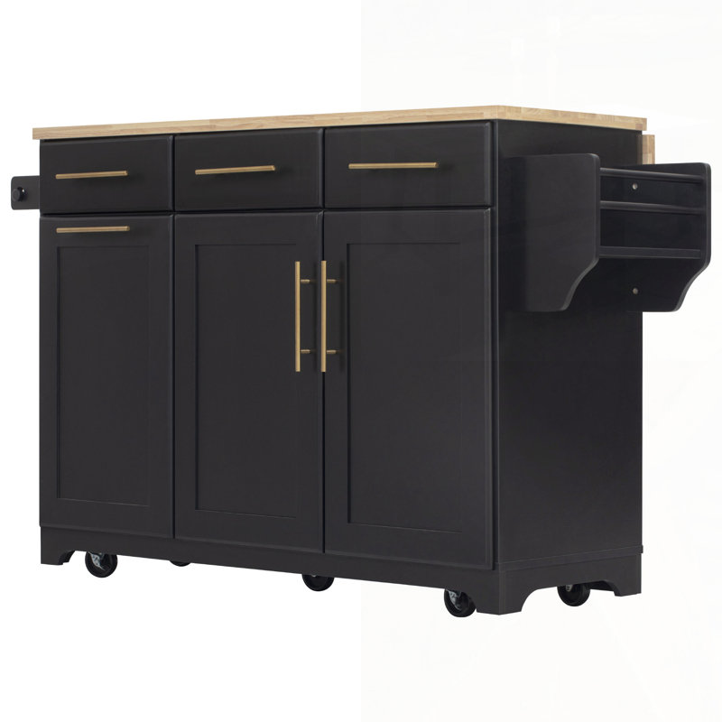 Multifunctional Rolling Kitchen Island With 2 Pull Out Cabinet Organizers, Rubber Wood Drop Leaf, And Built-In Power Outlet For Enhanced Storage And Convenience