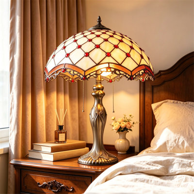 Lampe de table en vitrail, abat-jour de style Tiffany avec chaînette, base E27, lampe de bureau rétro en résine, décoration décorative pour le bureau du salon
