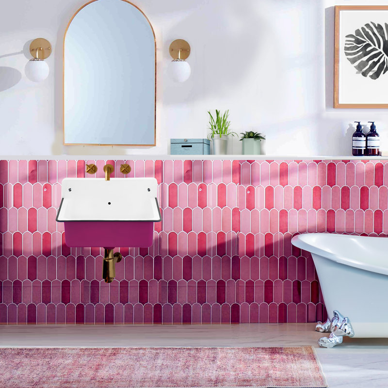 Anchor 14" Iron Rectangular Wall Mount Bathroom Sink with Overflow, Pink