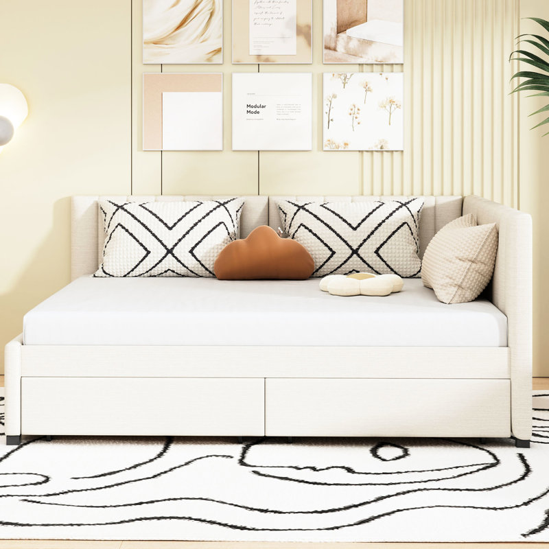 Lit de jour en lin beige avec 2 espaces de rangement, fabrication en bois robuste, compartiments sans sommier, revêtement, base solide, pour l'espace