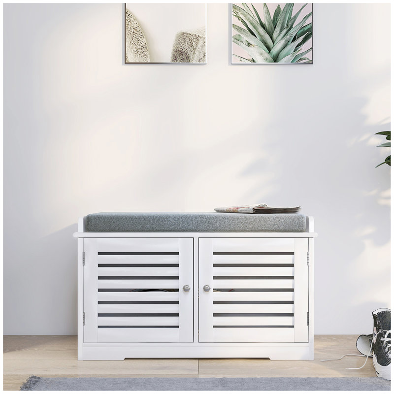 28.74"Shoe Storage Bench with 2 Door Cabinet, Entryway Bench with Shoe Storage, Shoe Bench with Cushion, White