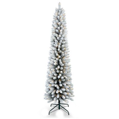 5FT Flocked Pencil Christmas Tree With 100 Warm White LED Lights – Slim Snowy PVC Tree With 263 Tips, Metal Stand, Space-Saving Design, Easy To Set Up
