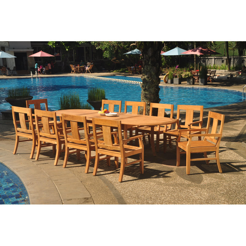 13 Pcs Grade-A Teak Wood Dining Set: 118" Double Extension Mas Oval Trestle Leg Table And Osborne Arm Chairs #11OS2712, 10