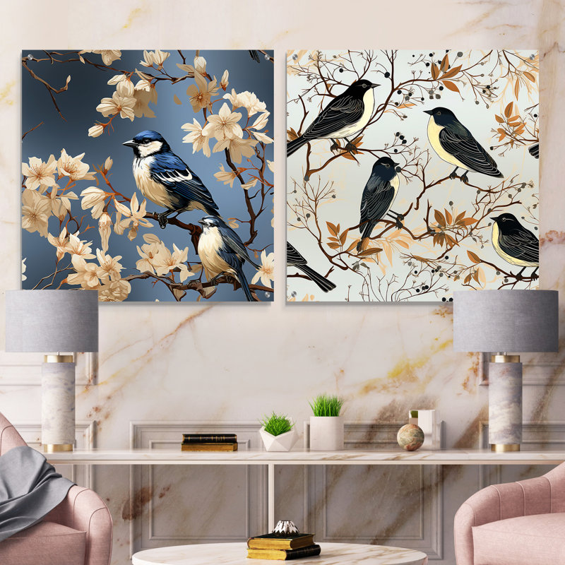 Oiseau tapisserie symphonie - animaux, ensemble d'acryliques sur verre, ensemble de 2, H 16 po x l 33 po