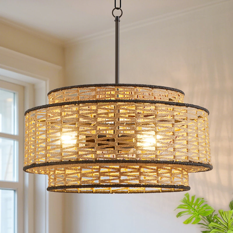 Lustre tambour en corde tissée l 20 po à 3 lumières