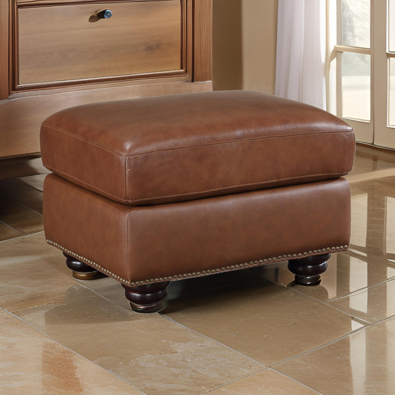  Auline 27.5" Wide Genuine Leather Square Ottoman with Pocket Coil Seating, Elegant Nailhead Trim and Espresso Wood Feet