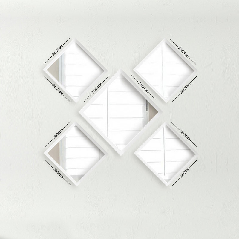 Ensemble de miroir élégant 5 pièces, blanc et argent, 9,8 x 9,8 pouces (4 pièces) | 100% verre avec cadre en plastique stratifié, 0,16 pouce d'épaisseur | Parfait pour la décoration intérieure et l'esthétique moderne
