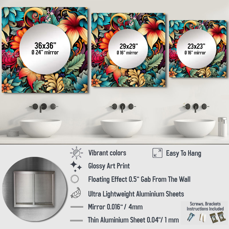 Tropical Tapestries Boho Motif I - Grand miroir carré floral pour décoration murale, 29 po x 29 po