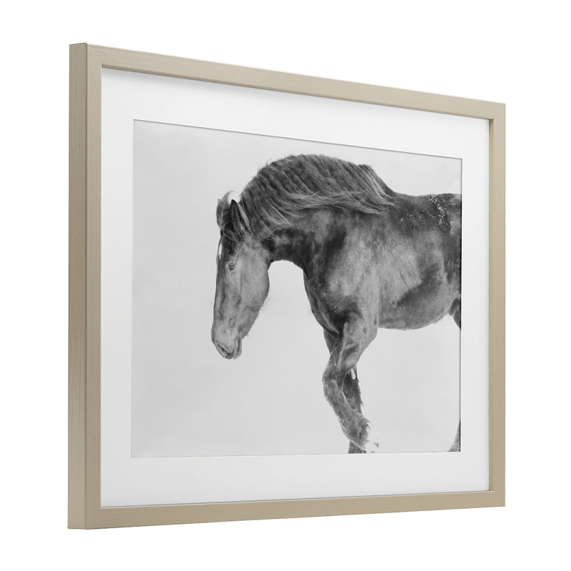 Winter Stallion Gallop, reproduction sous verre encadrée, conception par Amy Carroll, Cadre de récolte en pin