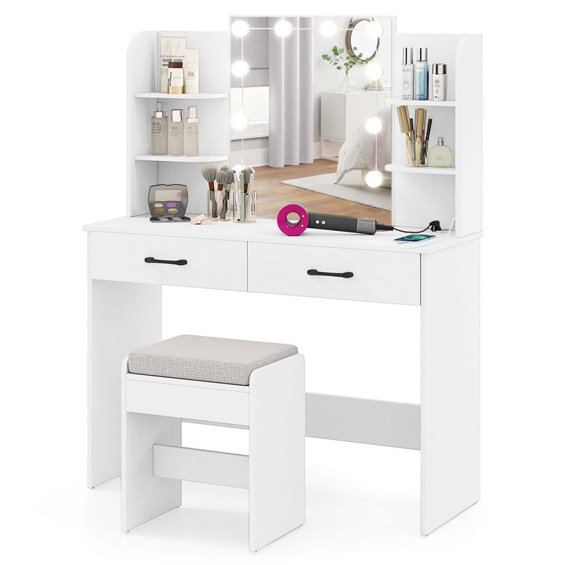 Makeup Vanity Desk With Lighted Mirror Charging Station 3-color Dimmable Led Lights , White