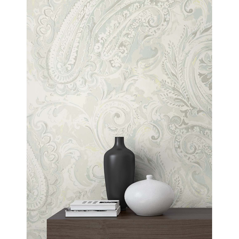 Rouleau de papier peint L 33 pi x l 20,5 po Cressona, Perle métallique / brume bleue