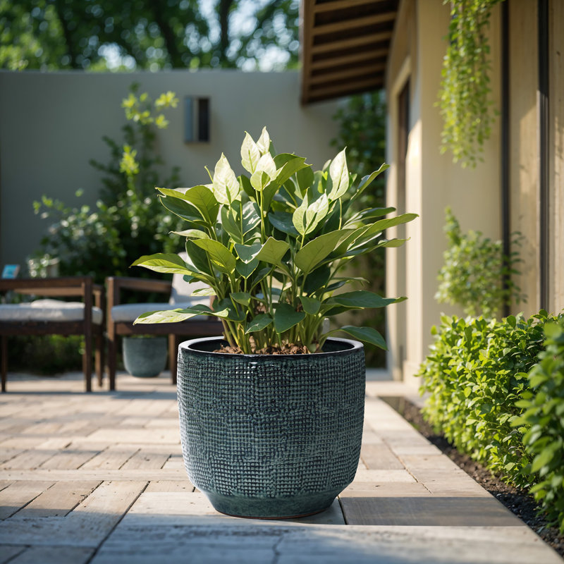 Pot à fleurs rond en céramique Ocean, Vert, H 14 po x l 15,75 po x P 15,75 po