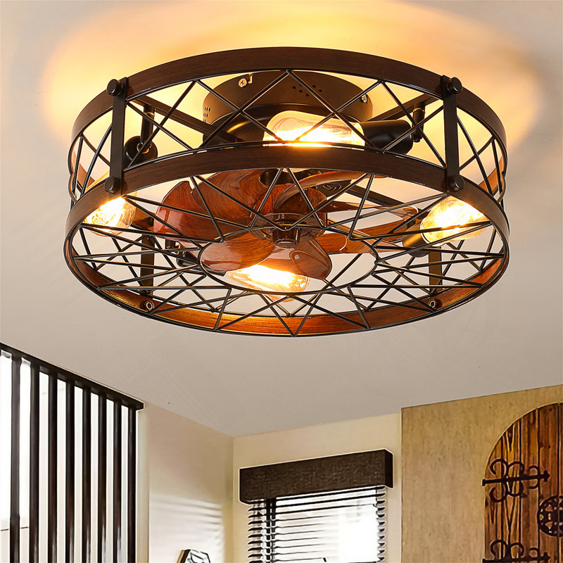 Caged Ceiling Fans, 20 Inch Flush Mount Ceiling Fan Light, Farmhouse Small Ceiling Fan With Light Fixture, Reversible Fan For Bedroom