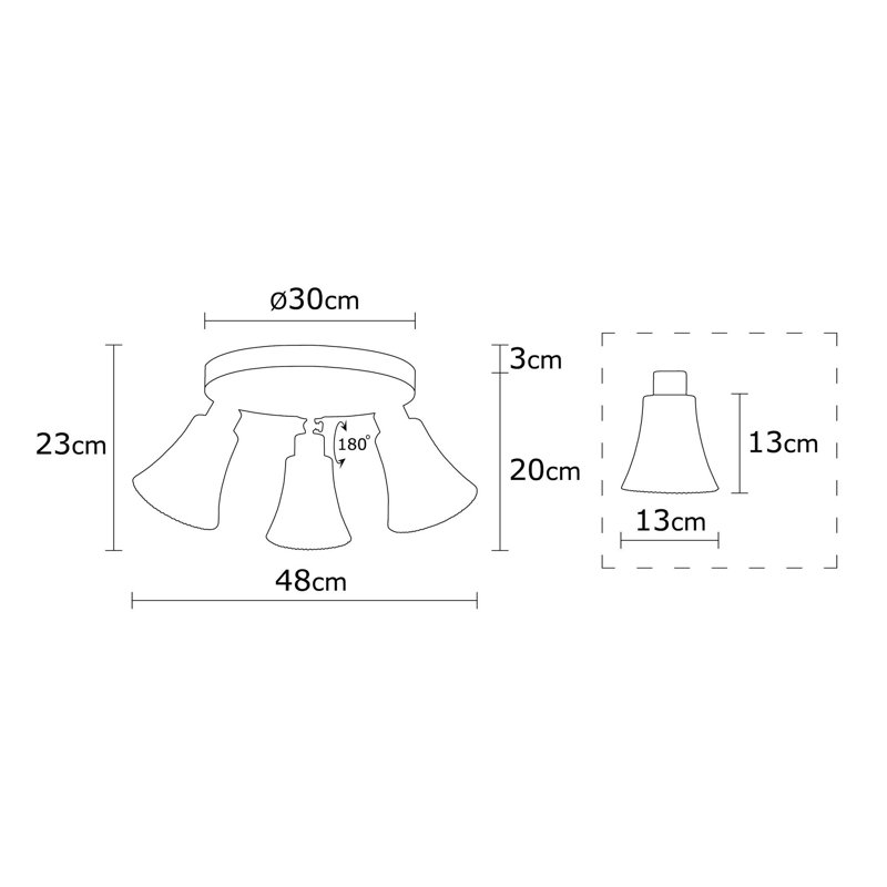 Lustre industriel moderne, structure en métal noir et base en bois, 18,9 po de diamètre x 9,1 po de hauteur | 3 x douilles E27 (40 W maximum) | Élégant couvercle en verre | Parfait pour les décorations scandinaves et fantaisistes | Certifié IP20