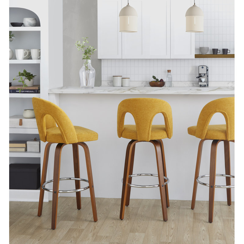 Ava Upholstered Contemporary Fixed-Height Stool With Swivel In Glazed Wood With Round Metal Footrest By Lumisource - Set Of 2