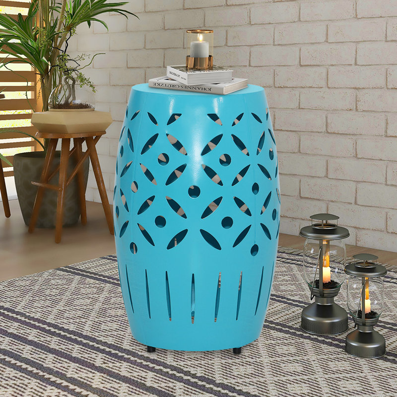 18.31" Tall Geometric Cut Iron Drum End Table, Teal