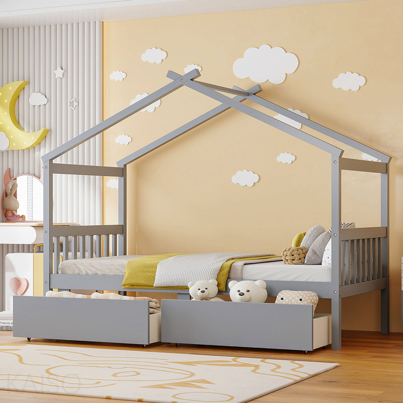 Lit simple, maison en bois avec tiroirs, Gris, Lit simple