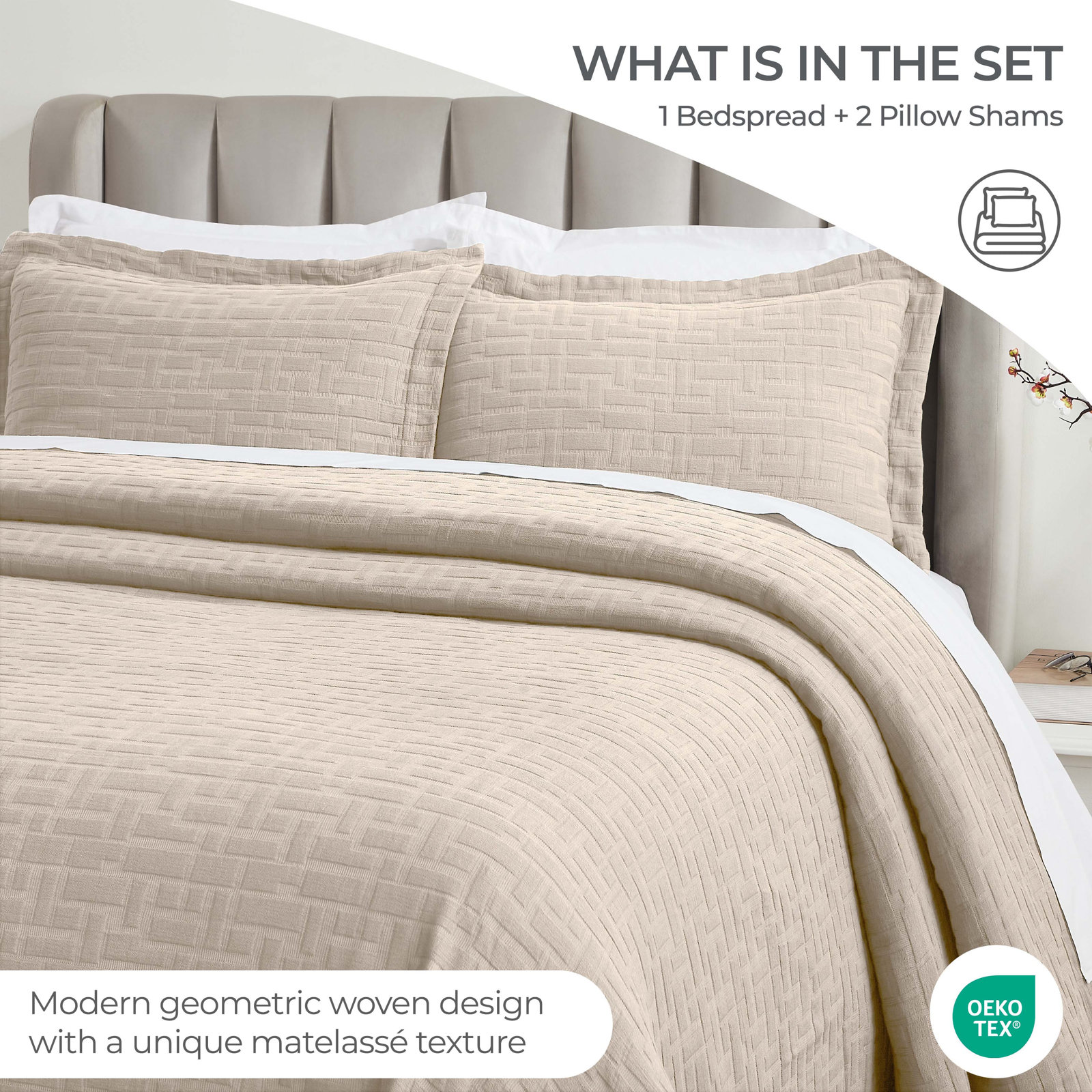Geometric Matelasse Bedspread Set, California King Bedspread + 2 King Shams, Beige