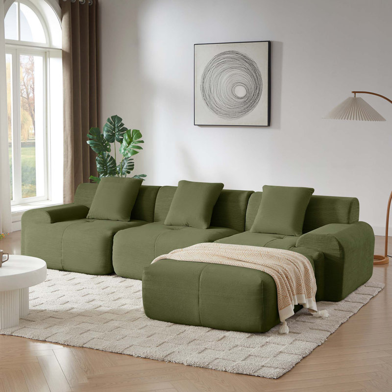 Canapé modulaire moderne en L avec revêtement en velours côtelé et sans assemblage, Vert