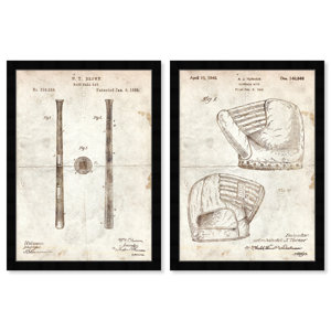 Sports And Teams Baseball Blueprint Set Vintage Mitt And Bat Industrial Brown And Cream White Canvas Wall Art Print For Office