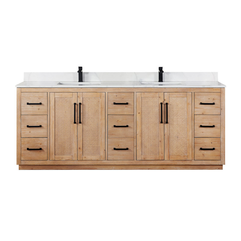 Deach 84" Double Bathroom Vanity with Calacatta White Quartz Countertop without Mirror
