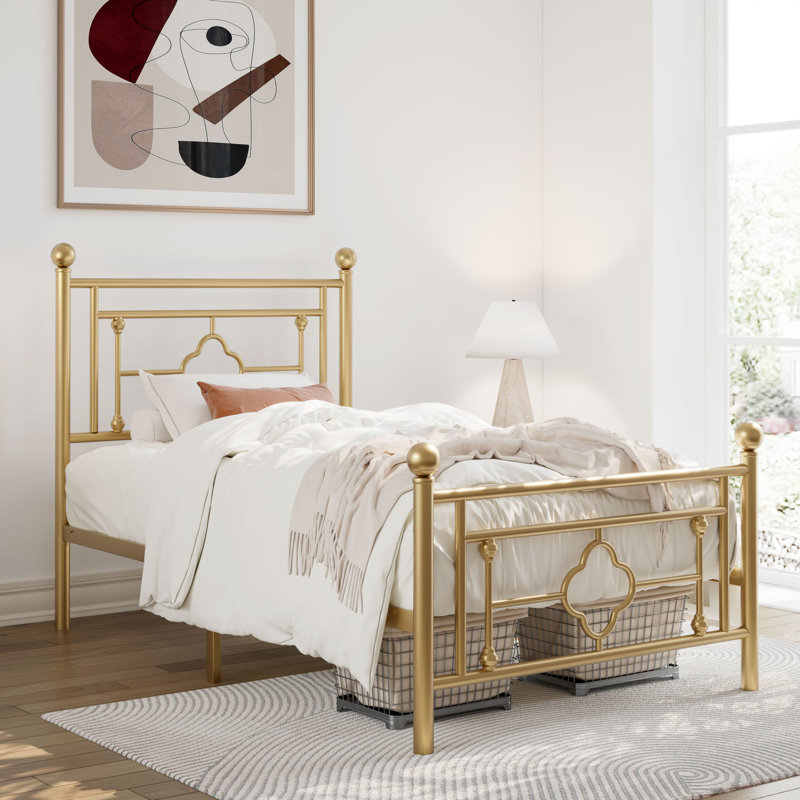 Twin Gold Metal Frame Bed with Headboard and Storage