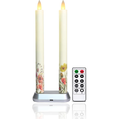 Rechargeable Flameless Candle with Remote Timer, 3D Moving Flame Real Wax Led Candles (Includes Remote Control, Charging Base, and USB Cable) (Wildflower-2 Pack, 9in)