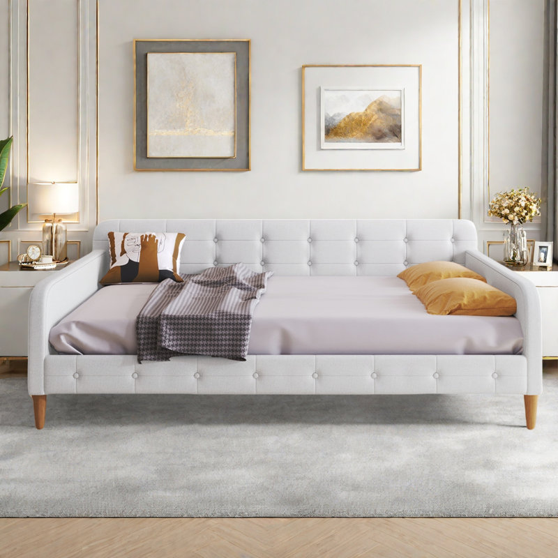Modern Upholstered Daybed With 4 Support Legs And Button Tufted Design, Beige, Full/Double