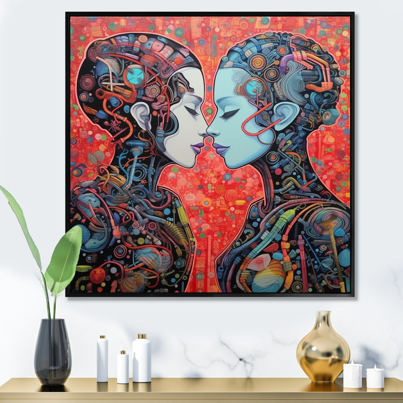 Charmant Robots célébrant l'amour rétro - reproduction sur toile, H 24 po x l 24 po x P 1 po, Cadre flottant noir