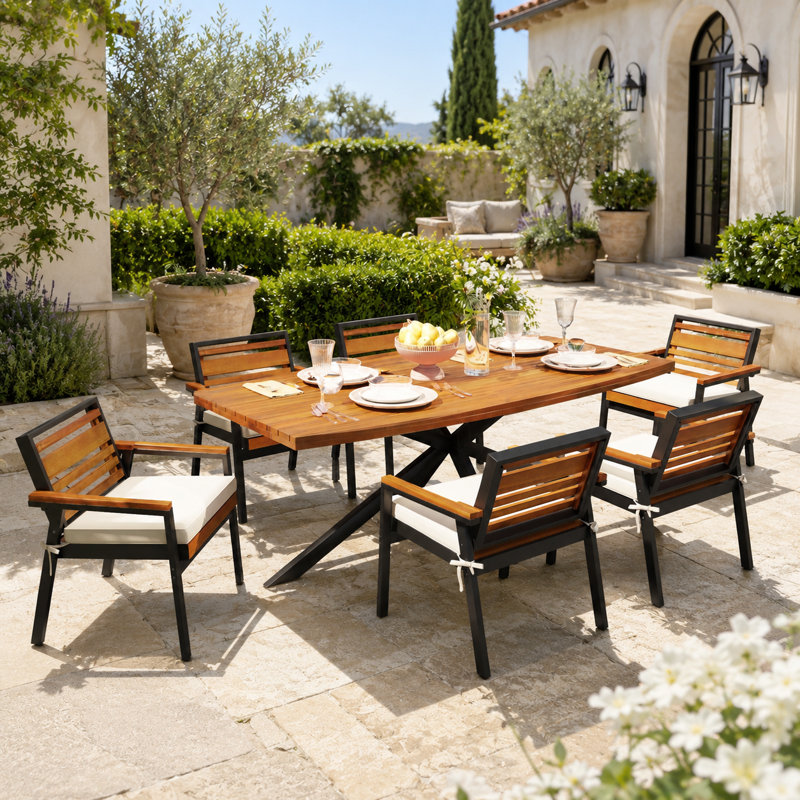 7-Piece Acacia Wood Dining Set with Cushioned Chairs