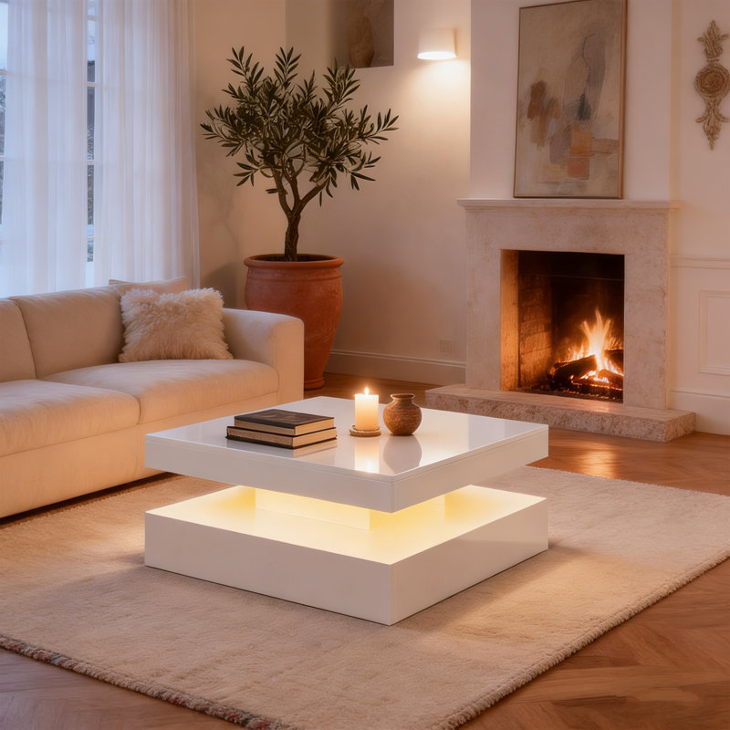 Modern High-Gloss Coffee Table with 16-Color LED Lights & Sliding Drawers for Living Room, White, 2