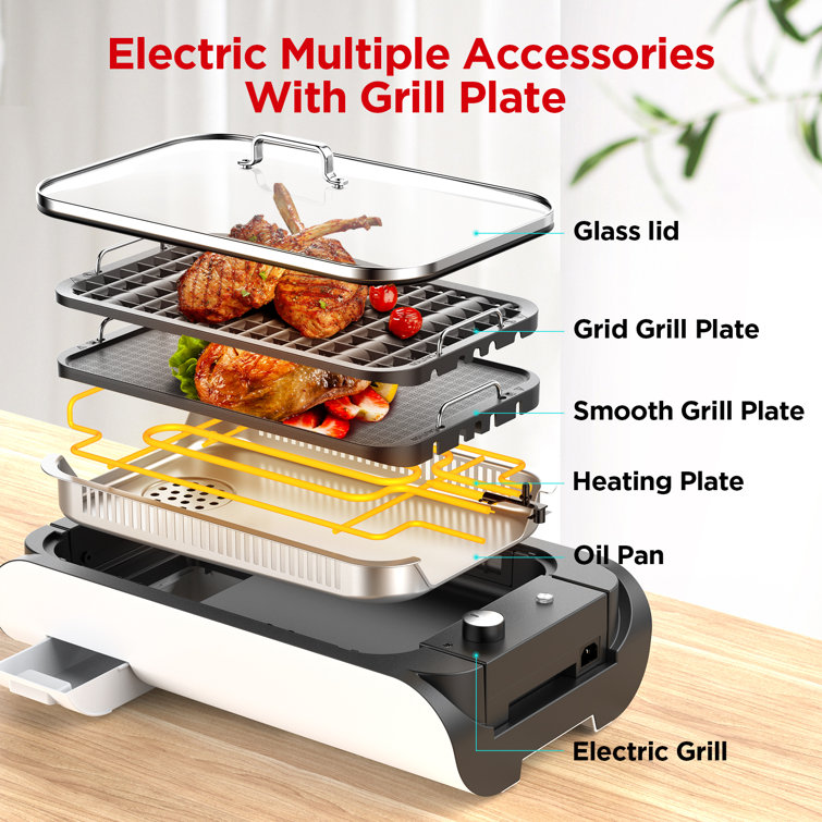 Kalorik, GR 45386 BK, Indoor Smokeless Grill with Tempered Glass Lid,  Removable Grill Plate, Drip Tray, Digital Temperature Control LED Display