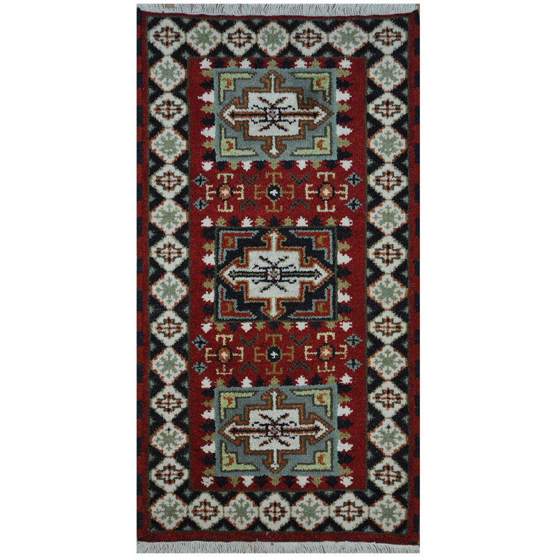 Tapis unique en laine noué à la main rouge / noir / gris 2 pi x 4 pi Kazak