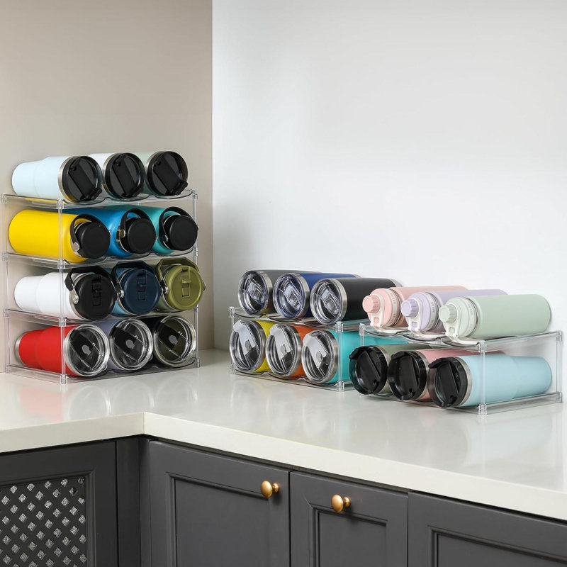 Stackable Water Bottle Organizer Holder - For Stanley & Others' Large Tumbler Organization - Clear Wine Rack, Bottle Holder For Home Countertop Fridge Pantry Shelf, 4 Tier Hold 12