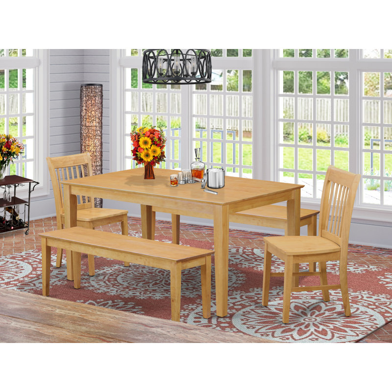 6 Piece Kitchen Table & Chairs Set Contains a Rectangle Dining Room Table and 4 Linen Fabric Dining Chairs with a Bench, 36x60 Inch, Oak