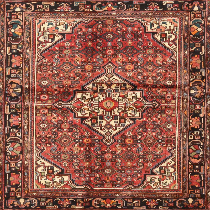 Tapis traditionnel rouge / noir / beige Ghaisas, Carré 4 pi